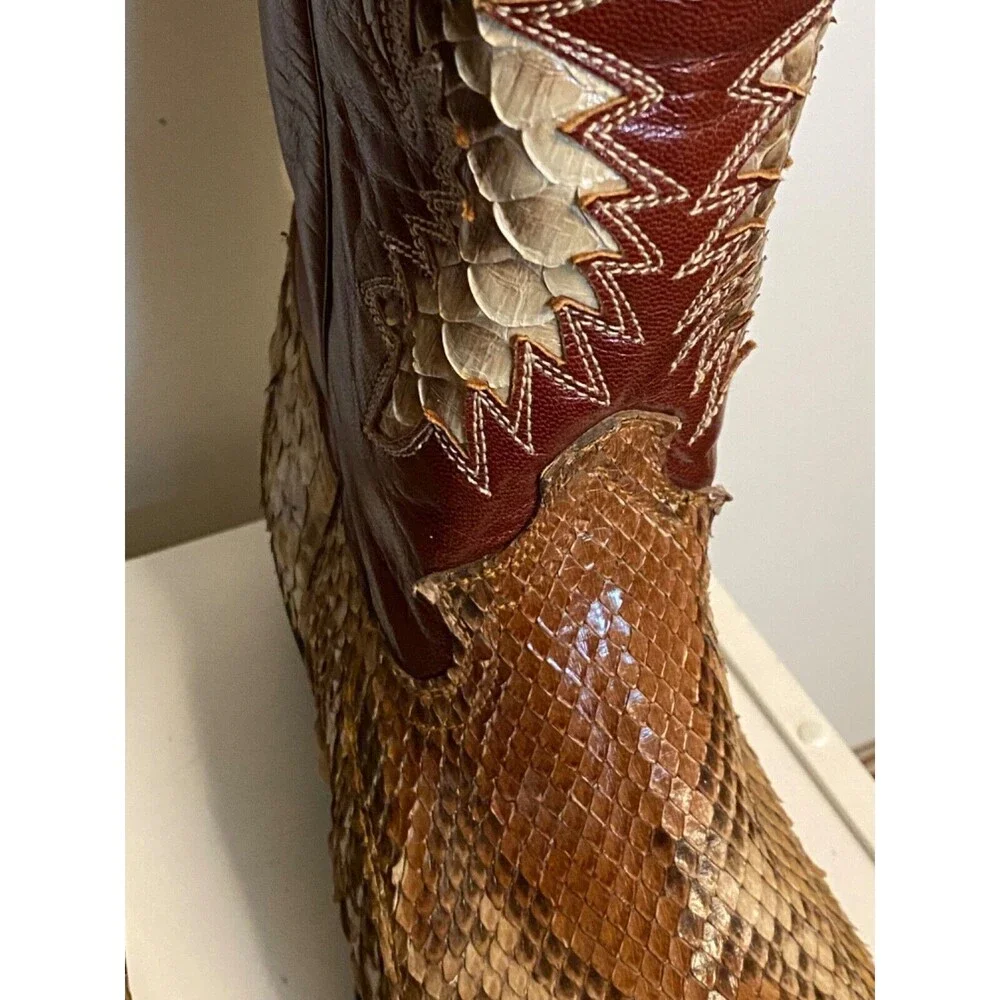 CORDONES Men's Cowboy Boots Size 9.5 Genuine SNAKE SKIN Red Brown Leather SPAIN